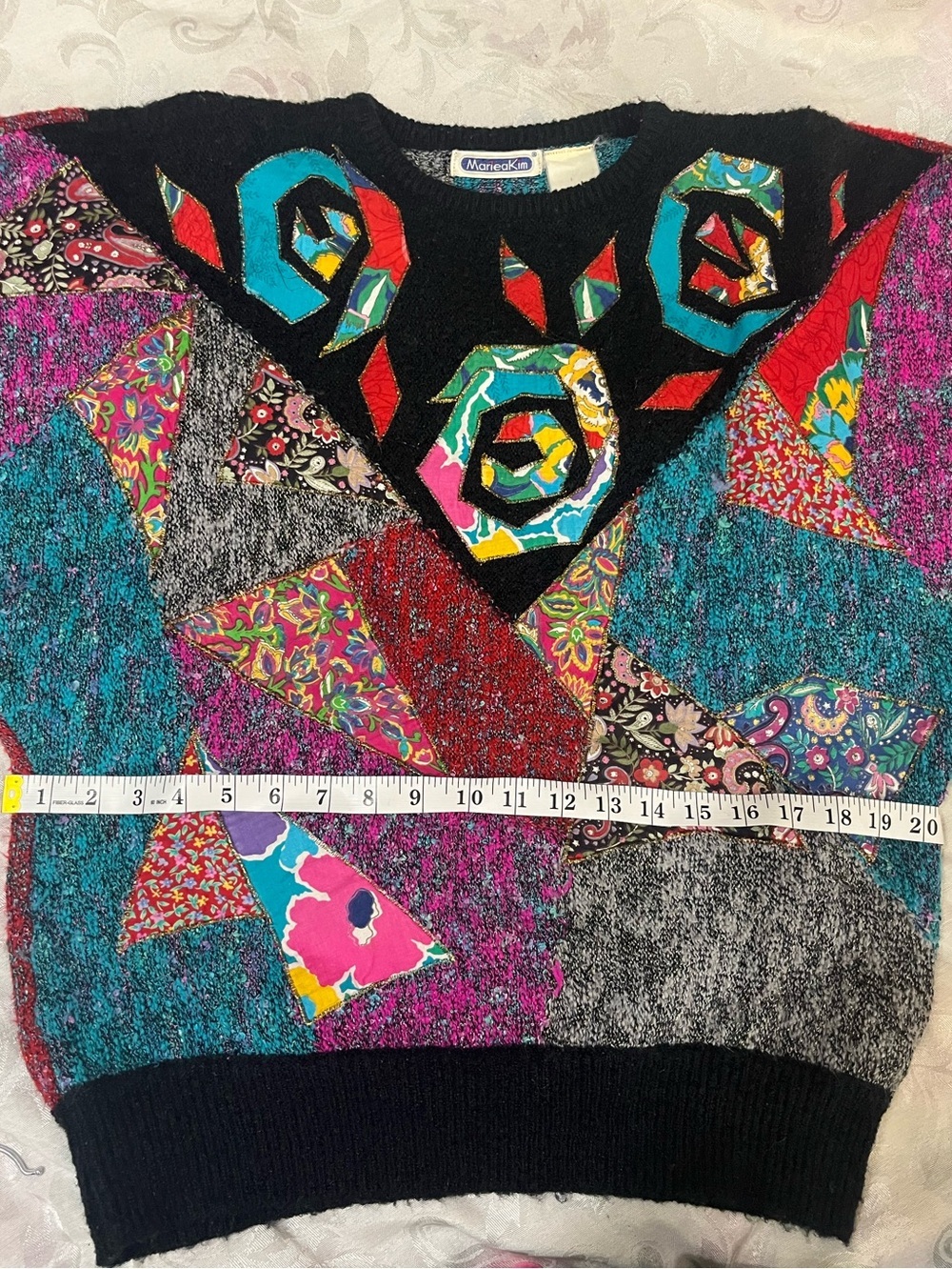 Vtg Mariea Kim Sweater Multicolor Vintage 80s Patchwork Knit Batwing Pullover M - Picture 12 of 12